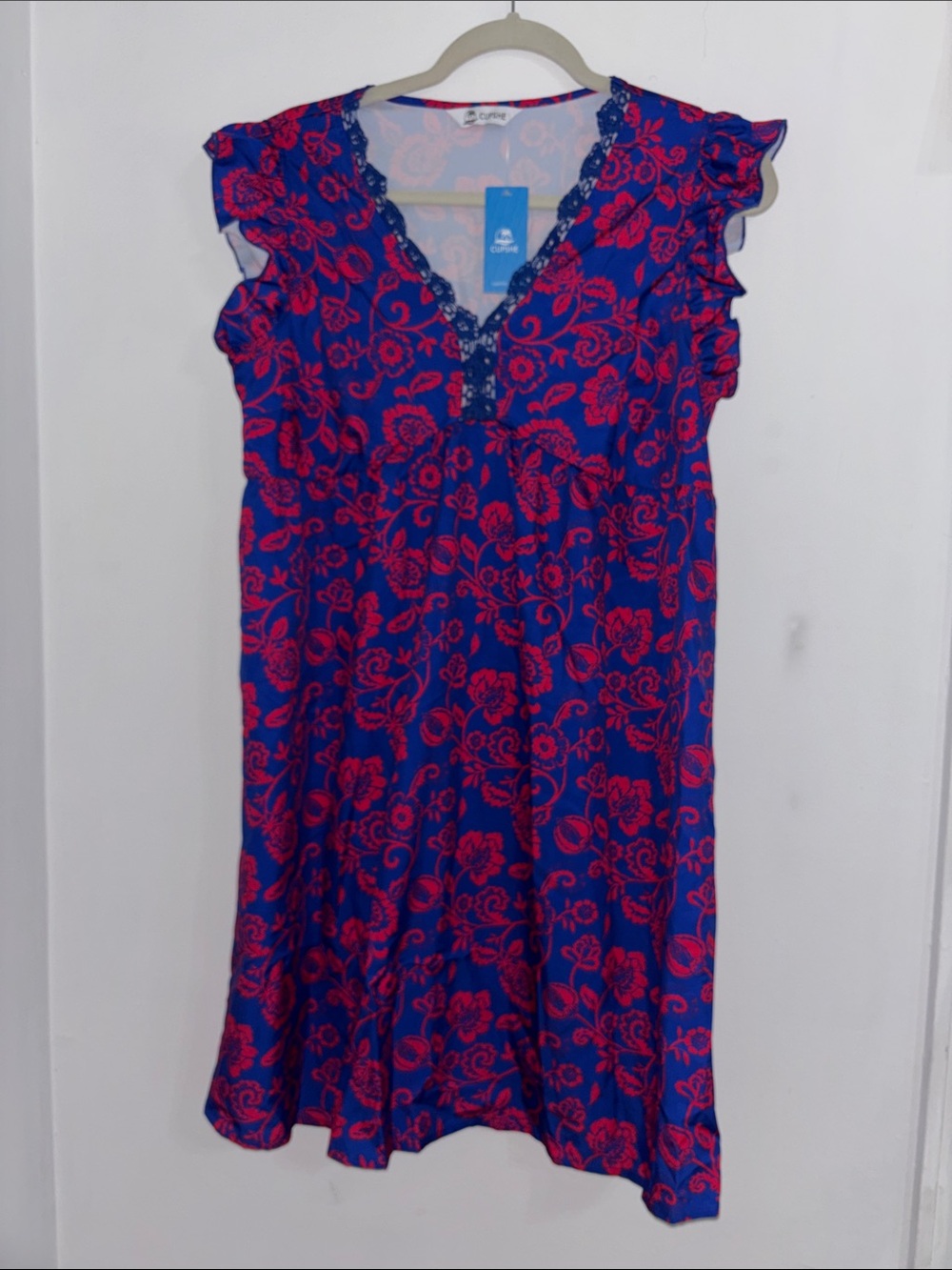 NWT - Cupshe Blue Dress with Red Floral Print - Picture 1 of 2